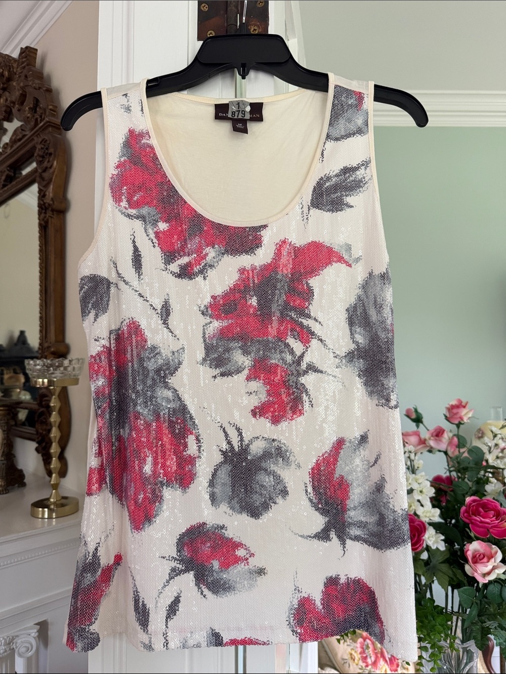 Dana Buchanan Cream Tank Top with Red & Gray Floral Sequin Design, size Medium